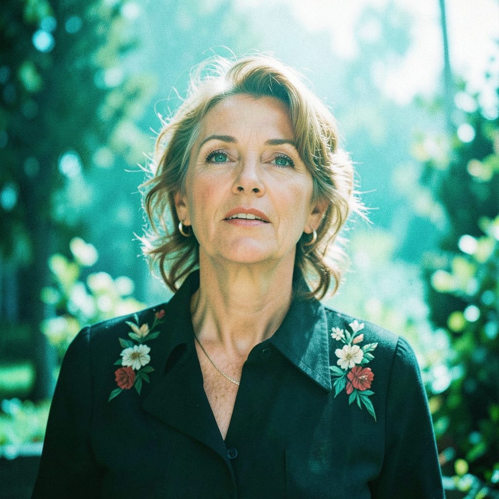 Ritratto ravvicinato di una giovane donna sorridente con capelli castani mossi, illuminata da luce naturale calda, espressione serena e accogliente.
